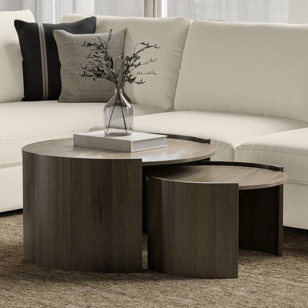 English Elm Robin Mango Wood Nesting Tables Ash Grey Finish Round Set for Modern Living Rooms B136P429087