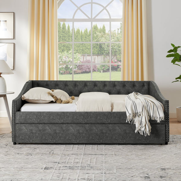 English Elm Full Size Upholstered Daybed with Trundle Usb Ports Tufted Back Wave Arms W1413S00159