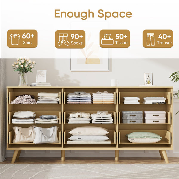 English Elm 9 Drawer Fluted Wood Dresser with Bohemian Texture for Bedroom Nursery or Entryway T3773P415598