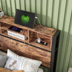 English Elm Twin Metal Platform Bed with Storage Headboard, USB Charging Station, Bookcase Shelves, Rustic Appeal W840P192226