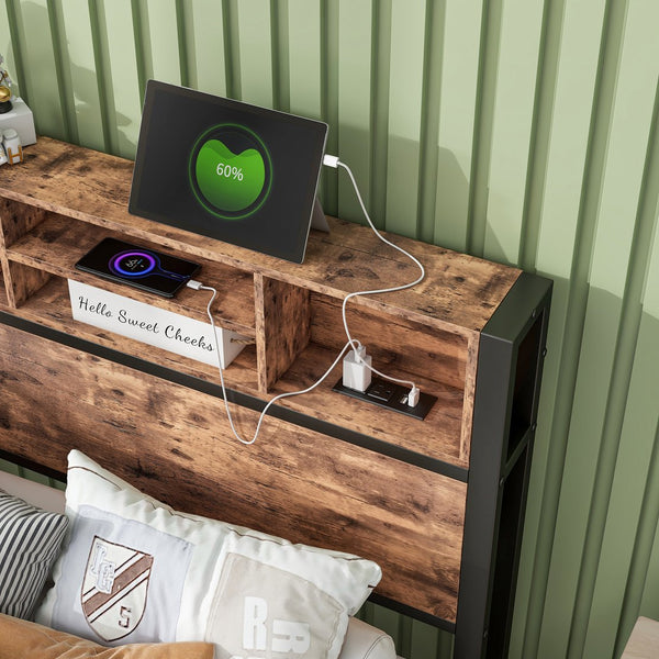 English Elm Twin Metal Platform Bed with Storage Headboard, USB Charging Station, Bookcase Shelves, Rustic Appeal W840P192226