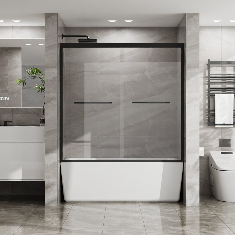 English Elm Goodyo Matte Black Framed Sliding Tub Enclosure Tempered Glass Bathtub Shower Door W1223S00045