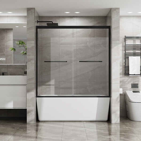 English Elm Goodyo Matte Black Framed Sliding Tub Enclosure Tempered Glass Bathtub Shower Door W1223S00045