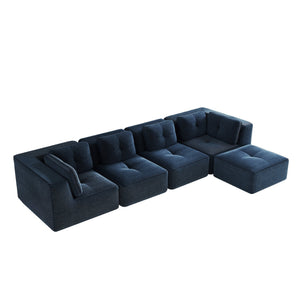 English Elm Modern Corduroy Sectional Sofa with Tufted Cushions Deep Seat and Movable Ottoman Blue W714S01805