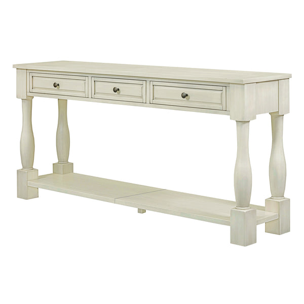 English Elm Trexm Distressed Entryway Console Table Three Drawers Open Shelf Mediterranean Wood Antique White N715P372052K