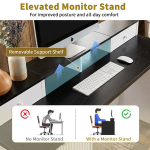 English Elm 59" Fluted Oak L-shaped Corner Desk with Charging Station Monitor Stand and File Storage White W2917S00004