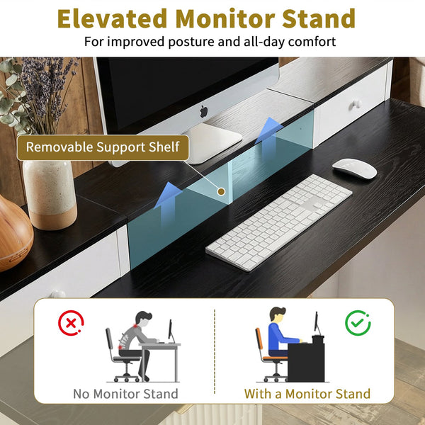 English Elm 59" Fluted Oak L-shaped Corner Desk with Charging Station Monitor Stand and File Storage White W2917S00004