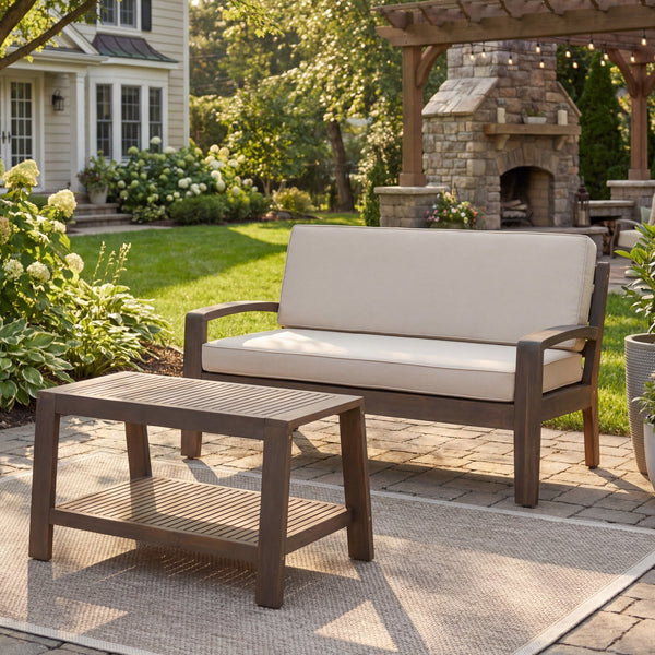 English Elm 2-piece Outdoor Acacia Wood Loveseat Set with Water-resistant Cushions for Patio Decks 57976.00SETFGRY_57976.00SETCUSH-BEISKIN