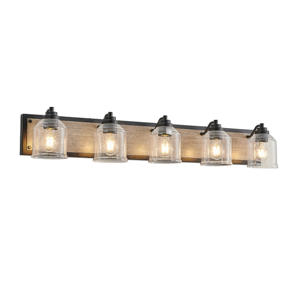 English Elm 40" Farmhouse Vanity Light Fixture - 5-Light Industrial Wall Sconce with Clear Seeded Glass & Wood Backboard, Black Finish W1340P251919