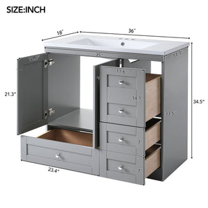 English Elm 36 Inch Shaker Style Free-Standing Bathroom Vanity Cabinet with Resin Sink, Soft-Close Storage Elegance Gray SV000021AAE
