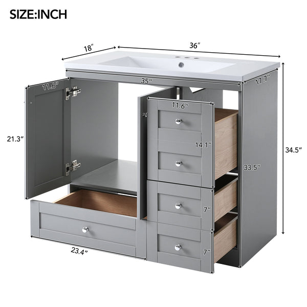 English Elm 36 Inch Shaker Style Free-Standing Bathroom Vanity Cabinet with Resin Sink, Soft-Close Storage Elegance Gray SV000021AAE