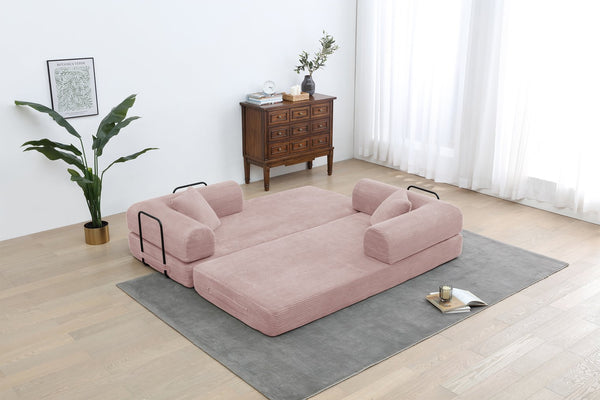 English Elm Convertible Sleeper Sofa Bed Pink Corduroy 3-Seat Foldable Couch with Cylindrical Pillow, Non-Slip Flexible Design W3199P311308