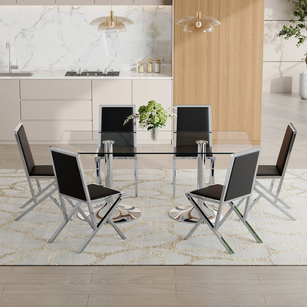 English Elm Table and Chair Set Oval Glass Top Gold Base with 8 Shell Pu Dining Chairs Black+Silver W1151S04767