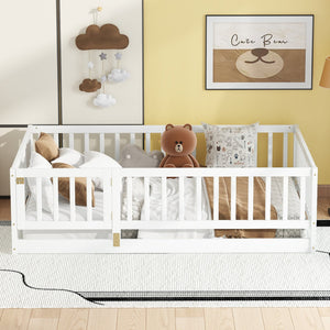 English Elm Full Size Pine Montessori Floor Bed with Fence & Removable Door, Sturdy Kids Bed White Playhouse W1820P349301