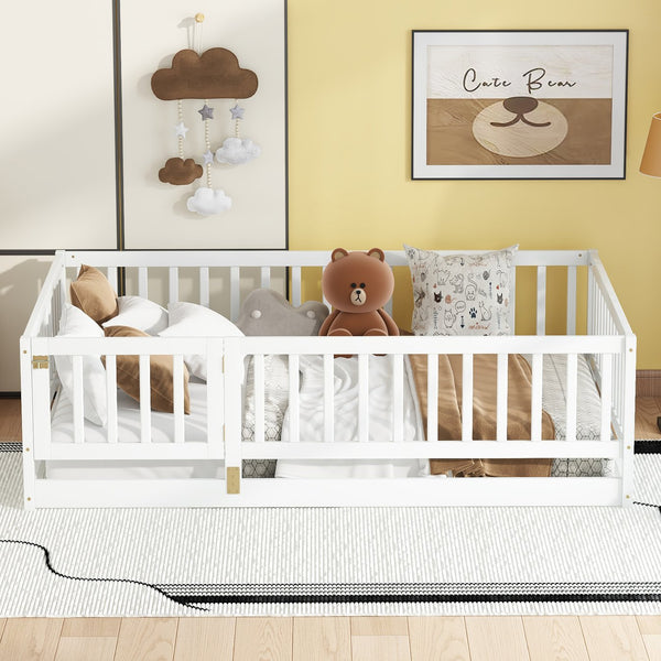 English Elm Full Size Pine Montessori Floor Bed with Fence & Removable Door, Sturdy Kids Bed White Playhouse W1820P349301