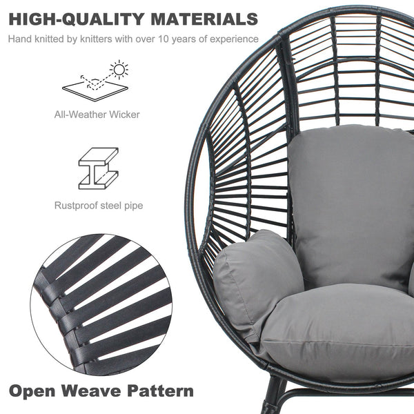 English Elm New PE Wicker Egg Chair with Ergonomic High-Front Low-Back Design, Weather-Resistant Rattan & Plush Cushion Comfort Black+ Gray W400P241060