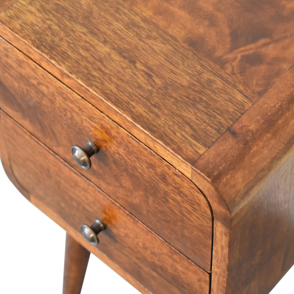 English Elm Soli Solid Mango Wood Mini Chestnut Nightstand with 2 Drawers, Curved Beige-Brown Design, Nordic Legs B182P213806
