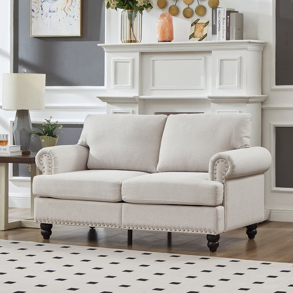 English Elm 59.5" Modern Classic Loveseat Sofa with Storage, Solid Wood Frame, Coil Springs & Removable Covers Beige W1097S00169