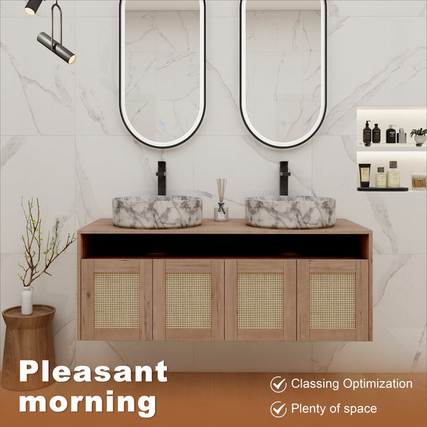 English Elm 48" Floating Bathroom Vanity Oak Finish Dual Ceramic Sinks Four Soft Close Doors W999S00494