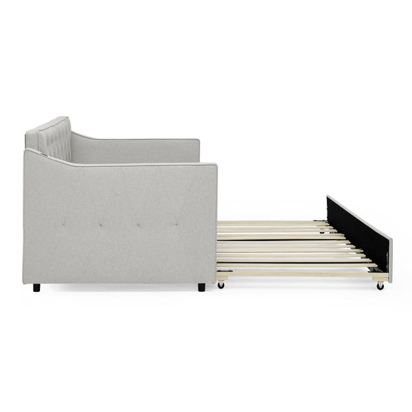 English Elm Twin Linen Tufted Daybed with Pop up Trundle and Usb Port for Guest Rooms W1413S00129