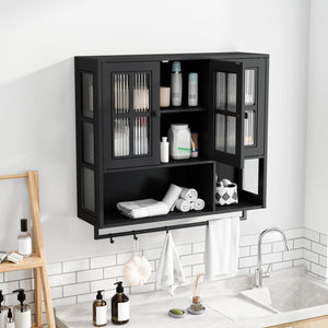 English Elm Bathroom Wall Cabinet with 3 Doors and Glass Panel, MDF Storage Cabinet with Towel Bar, Modern 35.6"L x 10.2"W x 32.5"H Black W757P329724
