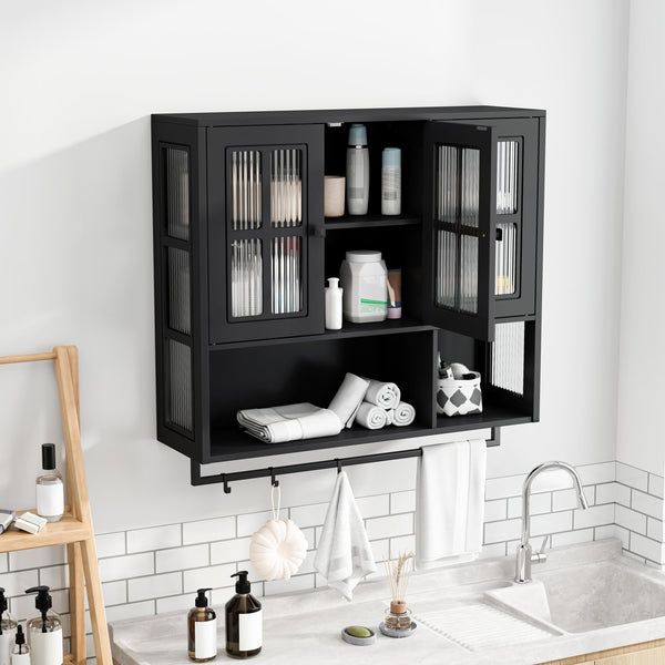 English Elm Bathroom Wall Cabinet with 3 Doors and Glass Panel, MDF Storage Cabinet with Towel Bar, Modern 35.6"L x 10.2"W x 32.5"H Black W757P329724