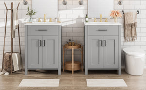 English Elm Modern 48 Inch Freestanding Bathroom Vanity Dual Ceramic Sinks Soft Close Gold Handles Grey N729P000008E