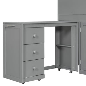 English Elm Twin House Loft Bed with Pull Out Rolling Desk Stair Drawers and Cabinet Storage Gray N820S00072E