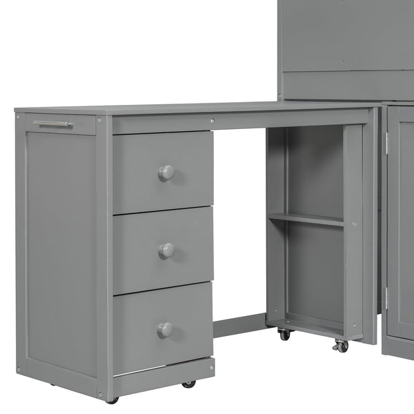 English Elm Twin House Loft Bed with Pull Out Rolling Desk Stair Drawers and Cabinet Storage Gray N820S00072E