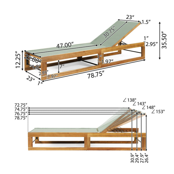 English Elm Christopher Knight Home® - MIA Acacia Wood Chaise Lounge with Breathable Textilene Mesh Seating for Cool, Durable Outdoor Relaxing Mint Green,Teak 50.5 L x 27.5 W x 17.25 H N776P301495M
