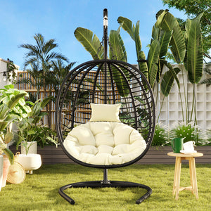 English Elm U_style Wicker Hanging Egg Chair with Stand Hdpe Cocoon Swing for Balcony Garden Black+Beige N711P389503A