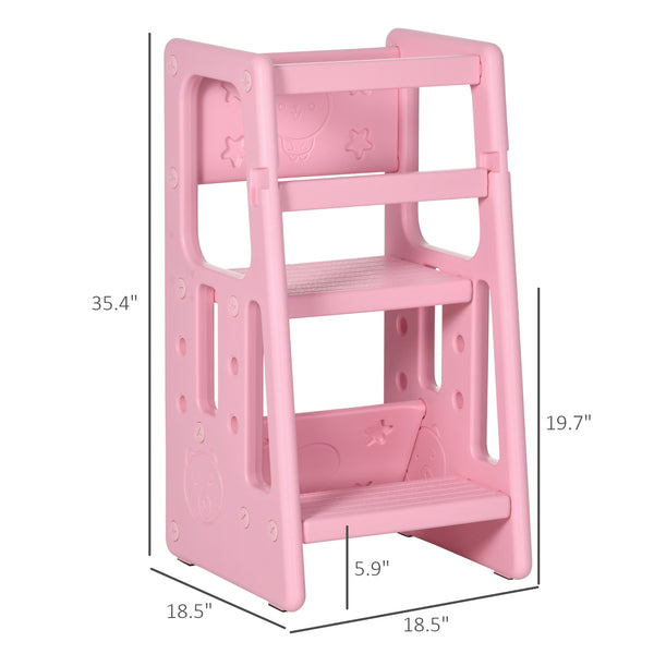 English Elm Qaba Adjustable Toddler Tower with 3 Heights, Anti-Slip Pads & Handrails, Easy-Clean Pink Step Stool W2225P200489