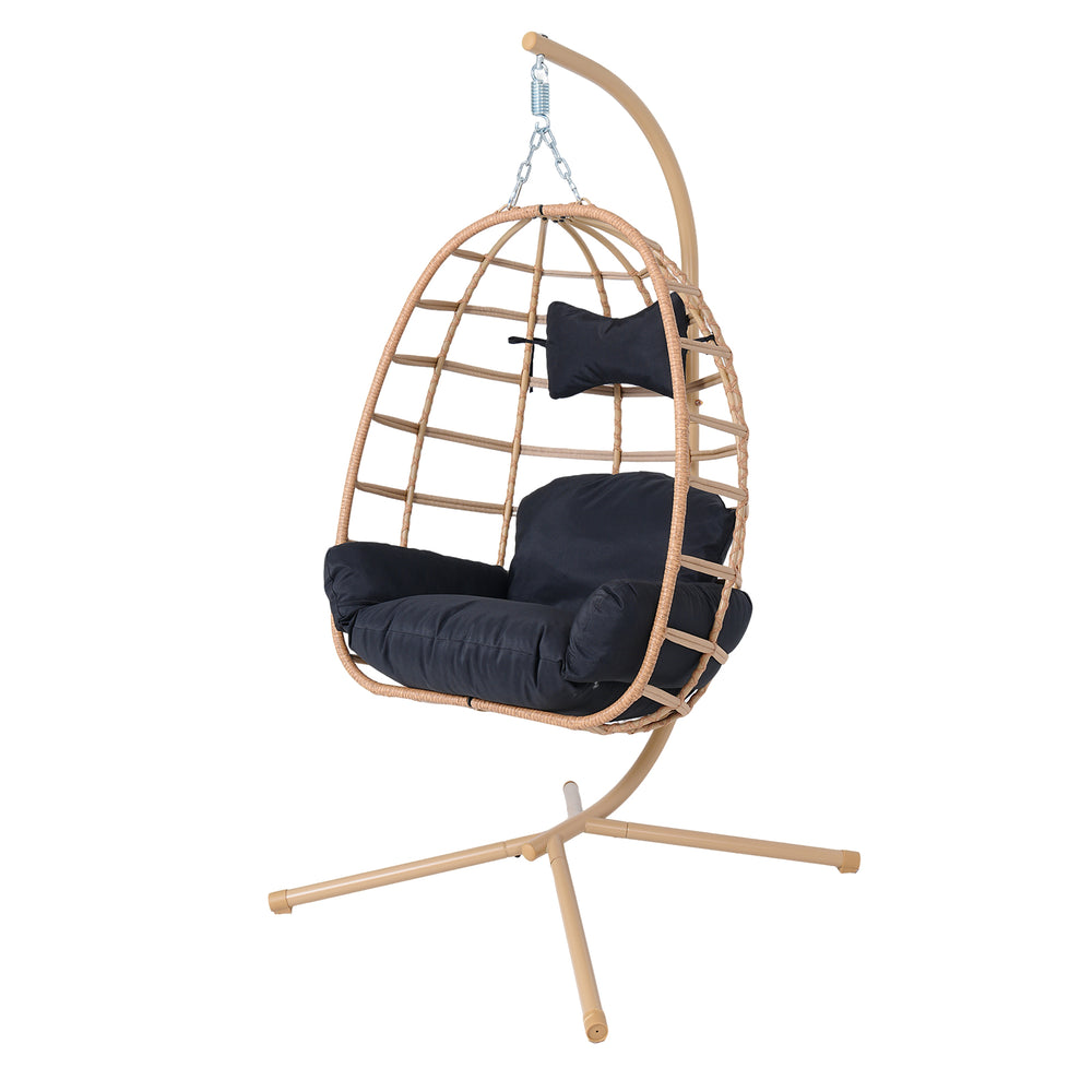 English Elm Egg Hanging Swing Chair with Stand Pe Rattan Woven Shell Washable Cushion Patio Bedroom T5880P497432