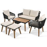 English Elm K&K 6-Piece Rope Patio Furniture Set, Outdoor Furniture With Acacia Wood Cool Bar Table With Ice Bucket , Deep Seat Patio Conversation Set With Two Stools For Backyard Porch Balcony (Black & Beige)