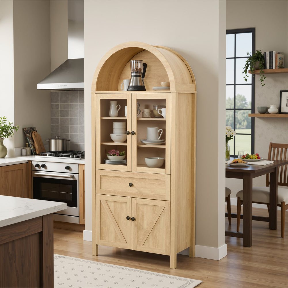 English Elm Dome Arched Cabinet with Vintage Circular Hardware and Multi-tier Shelving for Living Room W1785P332536