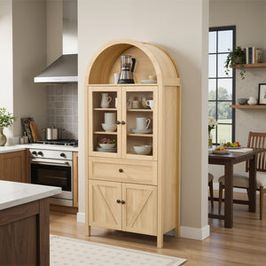 English Elm Dome Arched Cabinet with Vintage Circular Hardware and Multi-tier Shelving for Living Room W1785P332536