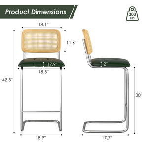 English Elm Counter Height Bar Stools Set Of 2 - Modern Green Pu Leather & Rattan Back Chairs For Kitchen Use T3623P360704