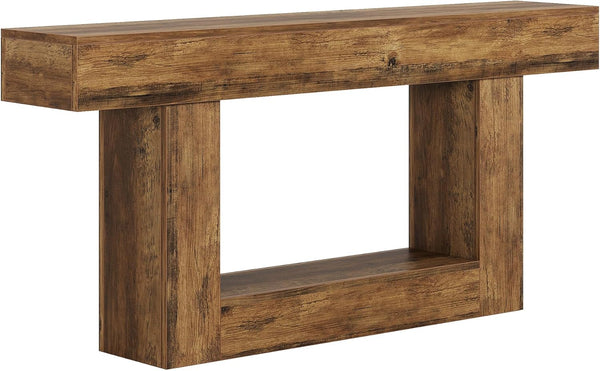 English Elm Practical Geometric Console Table with Matte Black Wood Grain Finish for Entryway or Sofa Rustic Brown T3971P454034