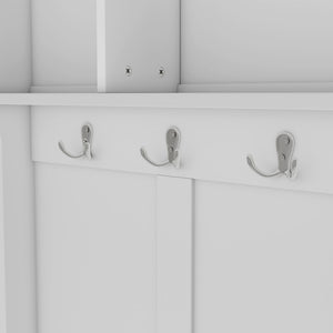 English Elm Modern Entryway Hall Tree with Six Hooks Bench Seat and Open Shoe Cubbies White W1580S00617