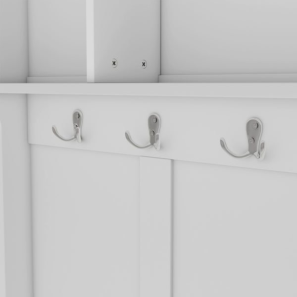 English Elm Modern Entryway Hall Tree with Six Hooks Bench Seat and Open Shoe Cubbies White W1580S00617
