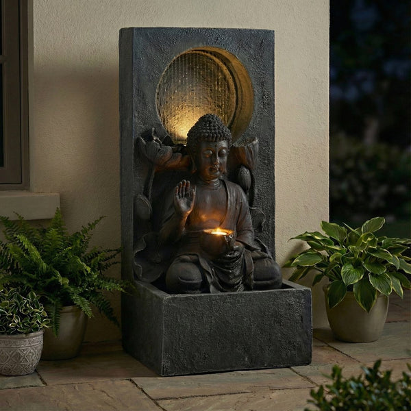 English Elm 28" Outdoor Buddha Resin Fountain Led Lit Tiered Water Feature for Patio Garden W853P412657