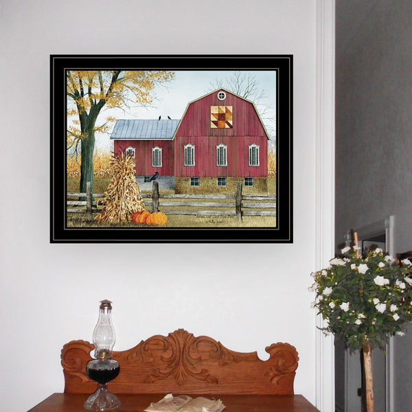 English Elm "autumn Leaf Quilt Block Barn" Folk Art Framed Print for Farmhouse Wall Decor B06785223