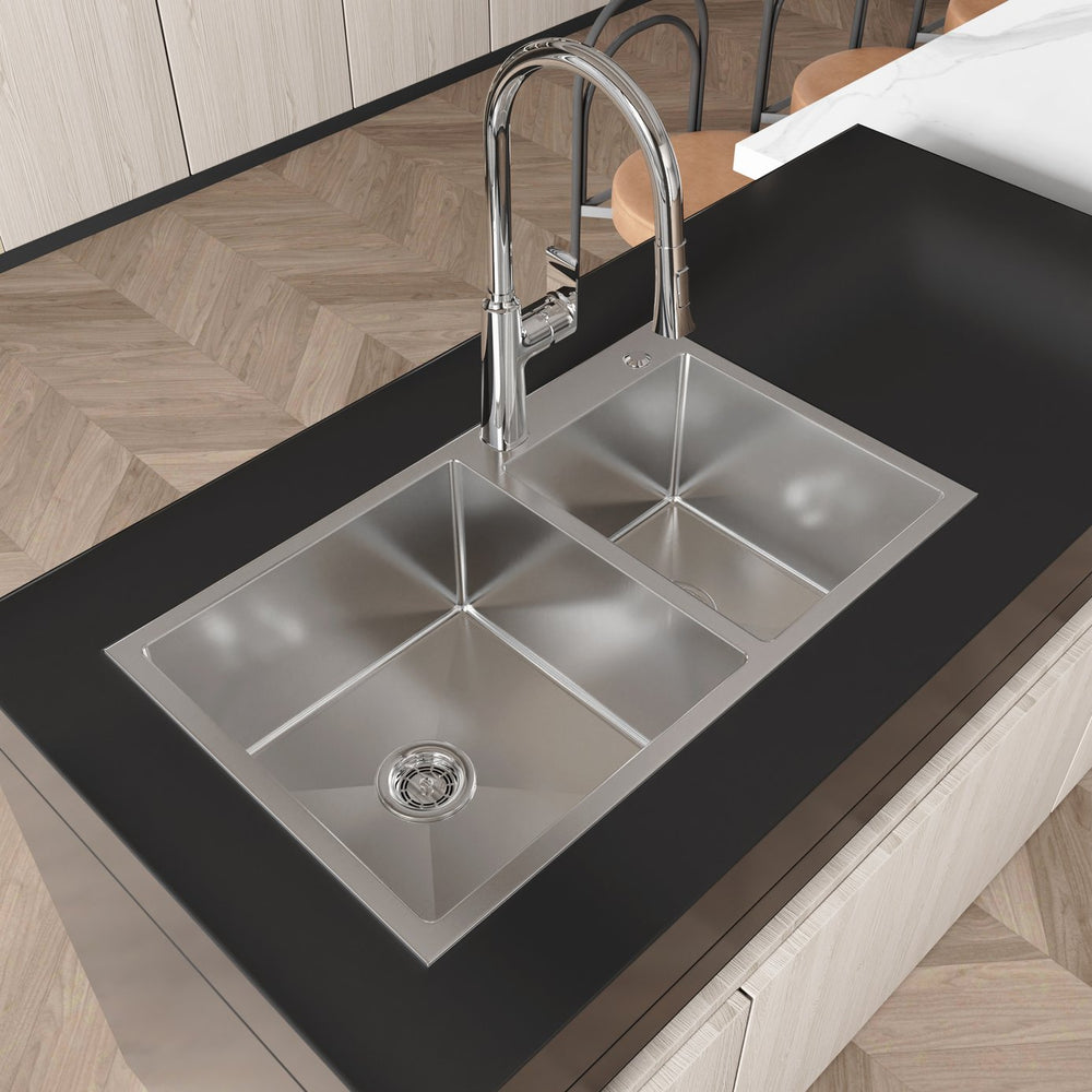 English Elm Stainless Steel Double Bowl Overmount Kitchen Sink with Nano Gray Satin Brushed Finish T3177P286041