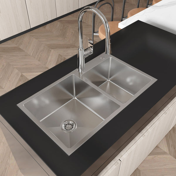 English Elm Stainless Steel Double Bowl Overmount Kitchen Sink with Nano Gray Satin Brushed Finish T3177P286041