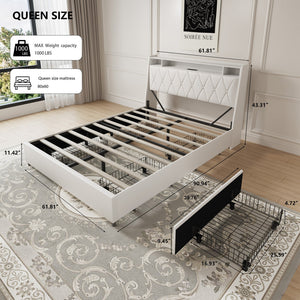 English Elm Queen Metal Platform Bed with Ergonomic Headboard Built in Outlets and Storage Shelf W3107S00002