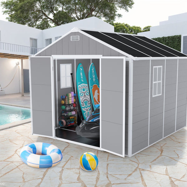 English Elm Campcraft 8x8 Ft Resin Storage Shed with Uv Resistant Polypropylene Panels and Hd Windows W1598S00013