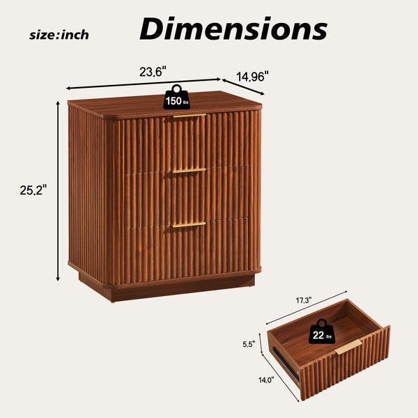 English Elm 3 Drawer Nightstand Pair Walnut Wave Textured Mdf Modern Bedroom Storage Set of Two W1820P436011