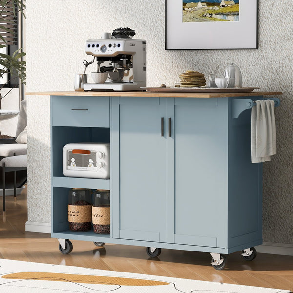 English Elm K&K Kitchen Island with Foldable Countertop, Spacious Mobile Storage Cart, Soft-Close Doors, Durable Rubberwood Top and Locking Wheels Grey-Blue N707P173036G