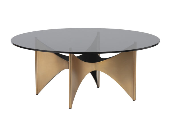 Sunpan LONDON Ikon Coffee Table - Smoked Grey Glass & Antique Gold Base for Modern Glamour & Durability 106164