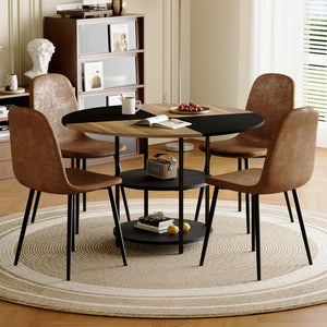 English Elm Table and Chair Set Round 47 Inch Geometric Mdf Top with Storage Shelf 4 Upholstered Seats W1151S04076